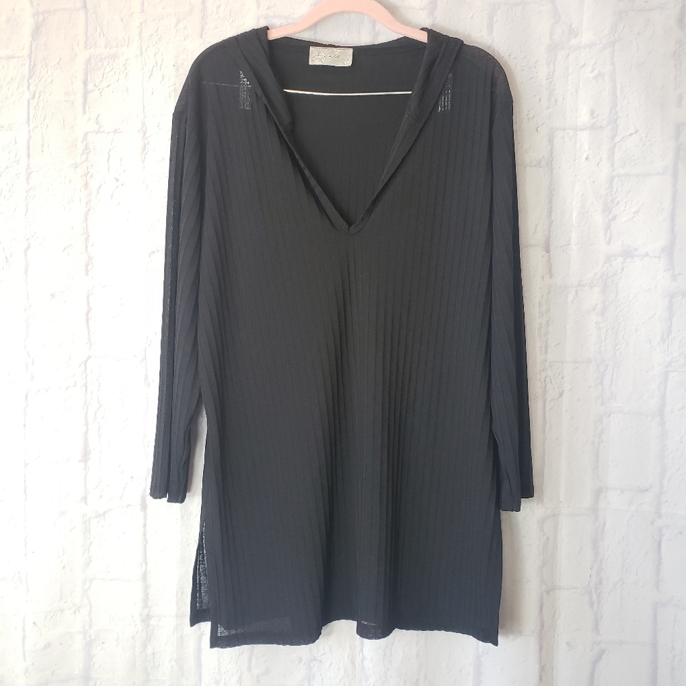 J VALDI Black Semi-Sheer Hooded Swim Coverup Beach Travel Medium